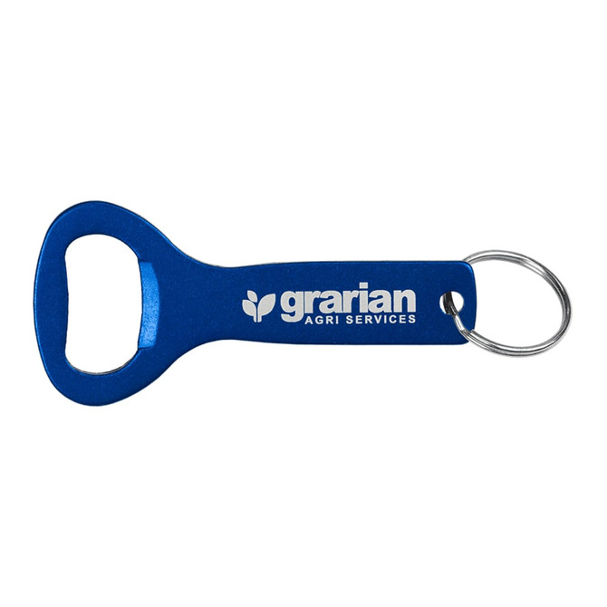 A drink bottle opener key ring in blue with a silver key ring and a logo on the handle.