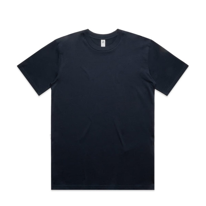 A black t-shirt with short sleeves and a crew neck, featuring a logo on the label.
