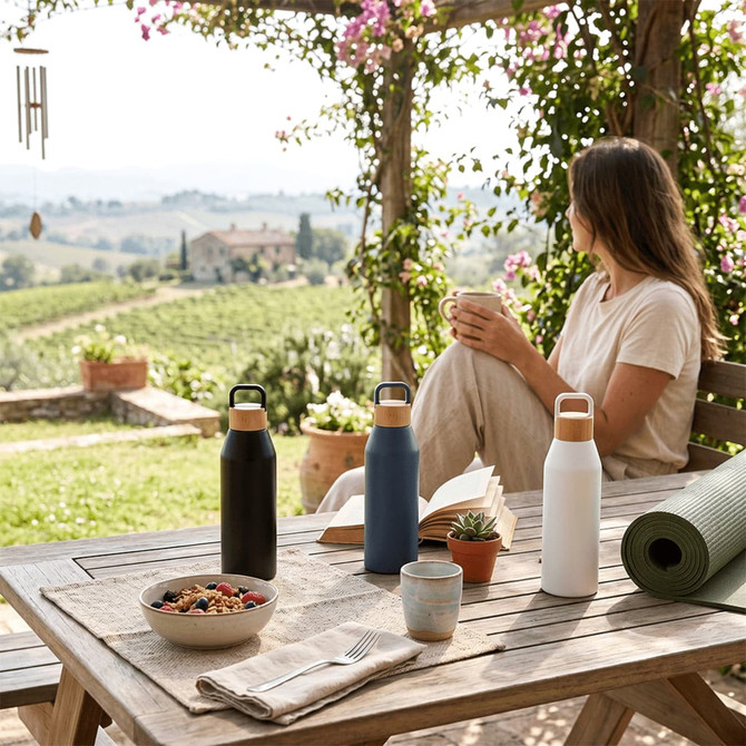 A drink bottle set featuring black, navy, and white bottles with bamboo lids, displayed on a table outdoors.