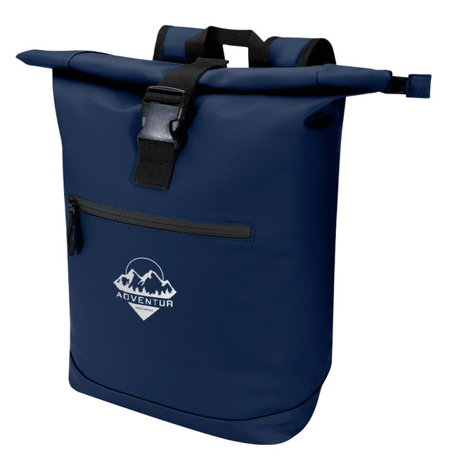 A navy blue recycled roll-top backpack with a front zip pocket and a logo. Features sturdy straps for carrying.