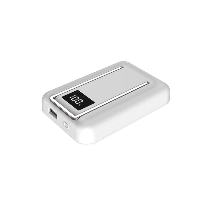 A white power bank with a phone stand, featuring a digital display for battery percentage and a USB port.