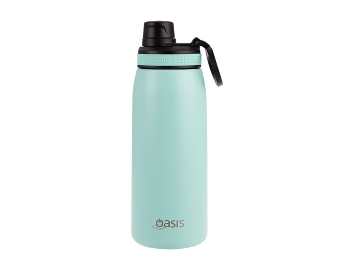 A drink bottle in mint green with a black screw cap and a logo on the body.