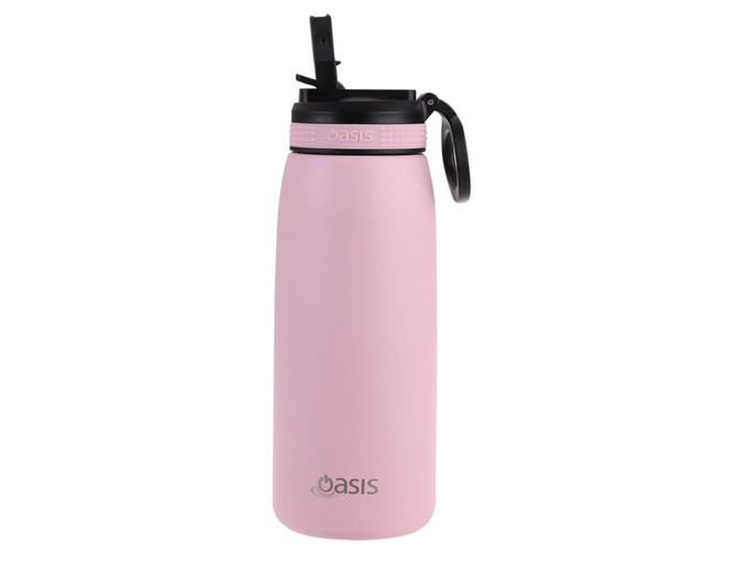 A drink bottle in pink with a black spout and lid, featuring a handle and a logo.