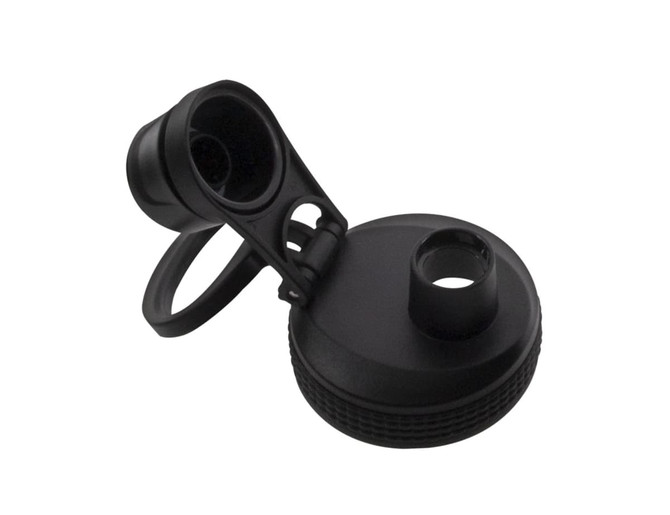 A drink bottle cap in black with a screw-top design and a flip-top spout, featuring a carry handle.