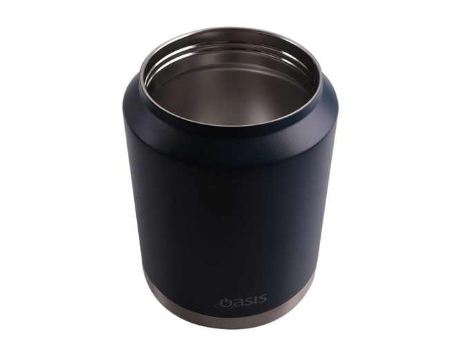 A drink bottle in navy blue with a stainless steel base and a carry handle. It features a logo on the side.
