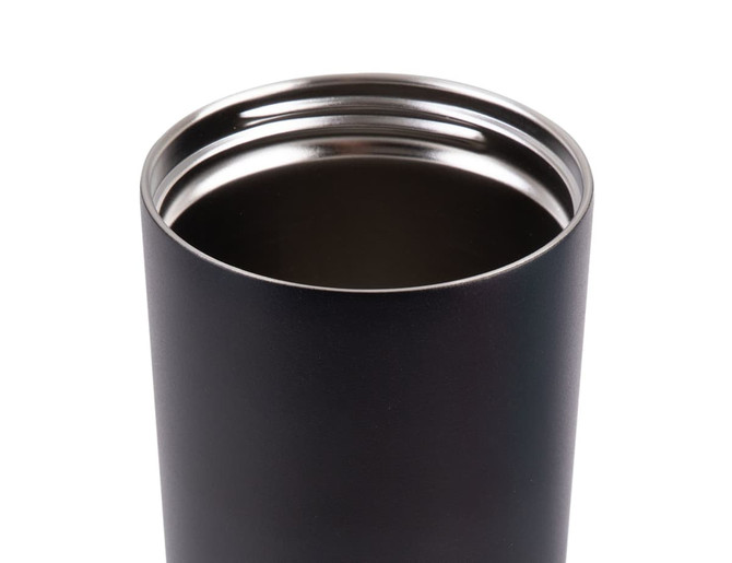 A drink bottle featuring a sleek black exterior with a metallic interior, showcasing the inner design.
