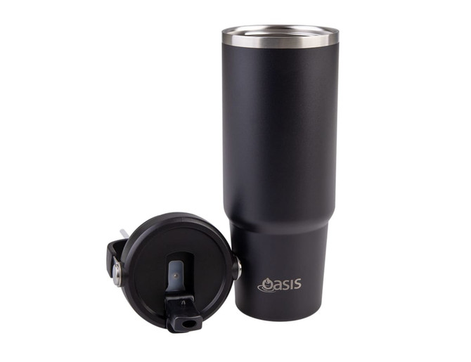 A drink bottle in matte black with a stainless steel lid and a removable drinking straw. It features a logo.