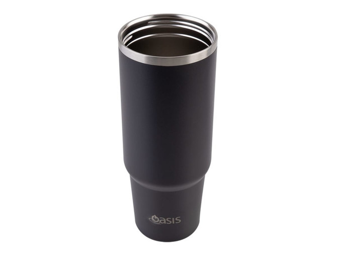 A drink bottle in matte black finish, featuring a stainless steel interior and an oasis logo.