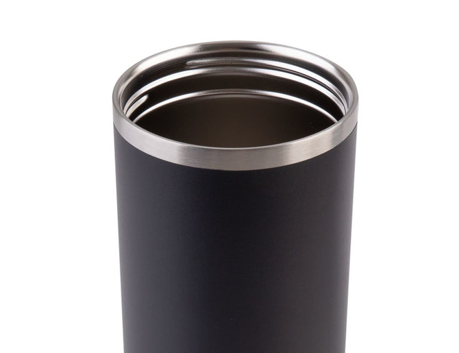 A drink bottle in matte black with a stainless steel rim, featuring a sleek, modern design and a logo.