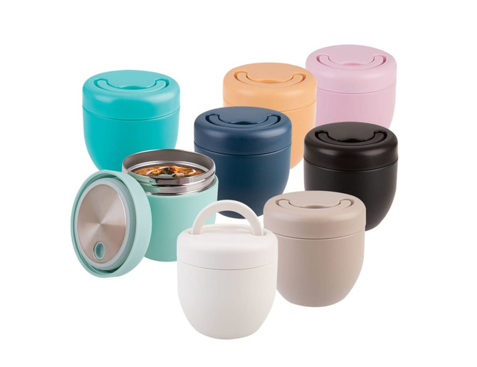 A drink bottle assortment featuring various colours, including teal, navy, pastel pink, peach, black, and white, with a stainless steel interior.