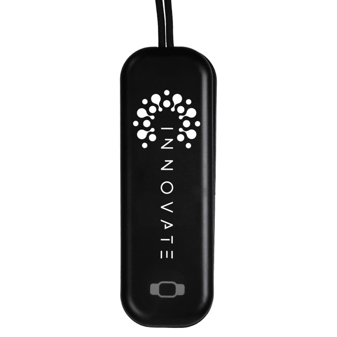 A black charging cable with a compact design and a logo. It features multiple charging options for devices.