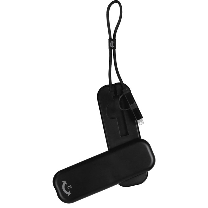 A black foldable charging cable with multiple connectors and a looped strap for easy carrying. It includes a wireless watch charger.