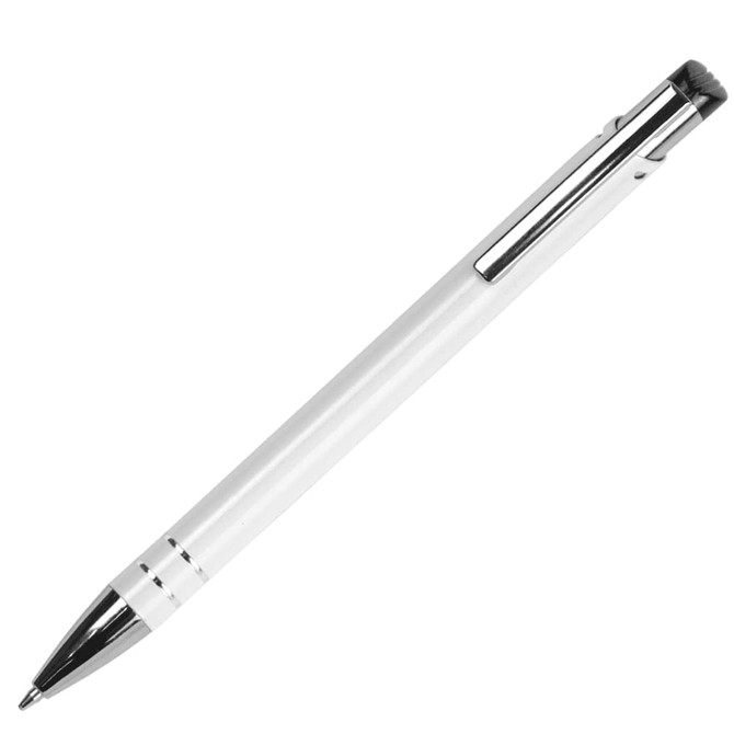 A metal ballpoint pen in white with silver accents and a clip. It features a sleek, modern design.