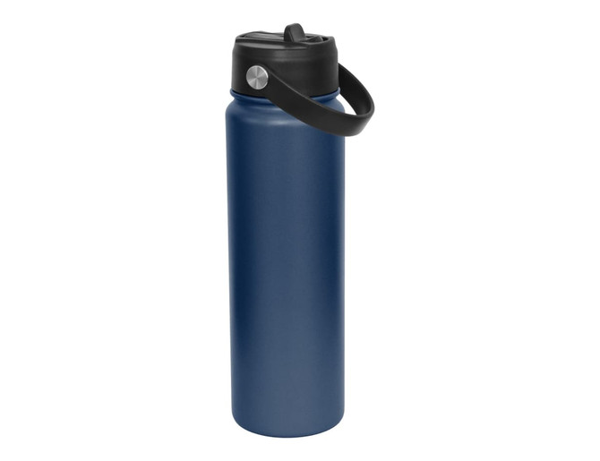 A drink bottle in navy blue with a black spout lid and a black carry handle. Features a logo.