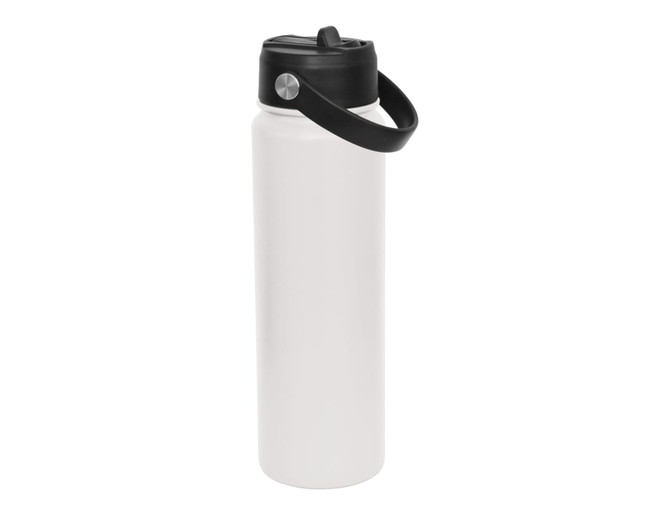 A drink bottle in white with a black screw lid and handle. It features a logo on the side.