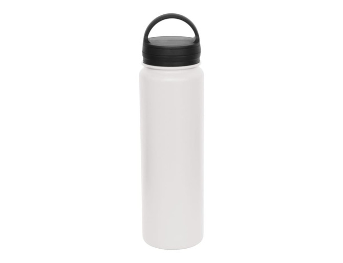A drink bottle in white with a black lid and handle, featuring a logo.