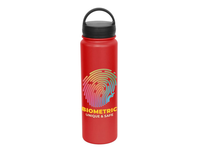 A drink bottle in bright red with a black lid and a colourful fingerprint design. It features a logo.