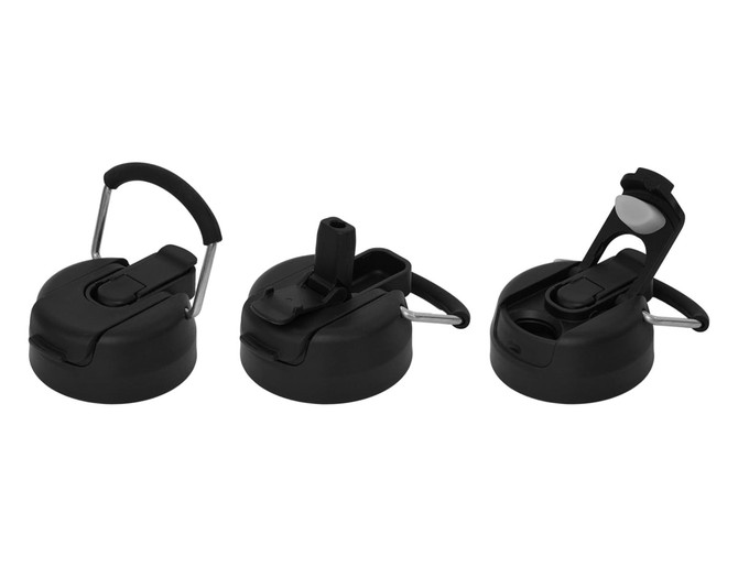 A drink bottle lid set in black, featuring three different styles for versatile use. Each lid has an attached handle.