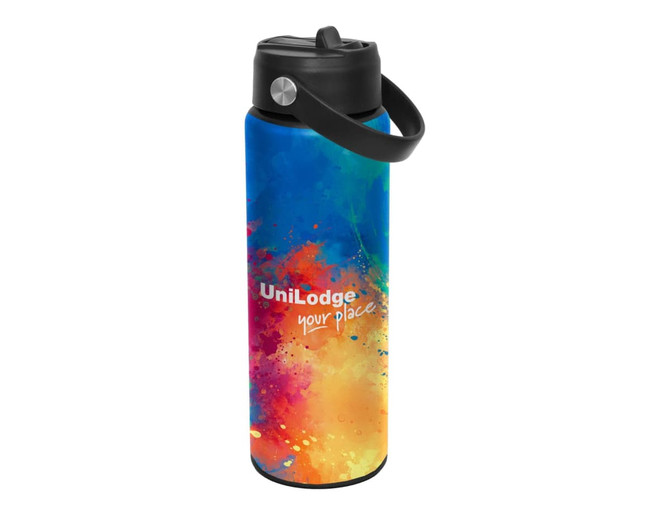 A drink bottle with a vibrant blue and orange design, featuring a black spout lid and a carrying handle. It has a logo.