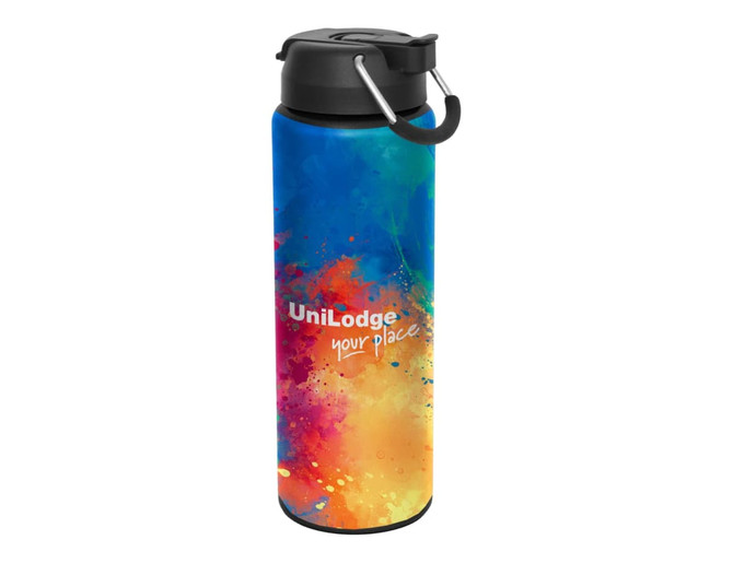 A drink bottle featuring a vibrant blue and multi-coloured design, with a black lid and a handle. It has a logo.