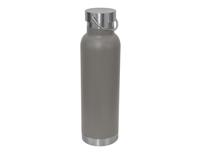 A drink bottle in a sleek, matte grey finish with a stainless steel lid and bottom, featuring a carry lid.