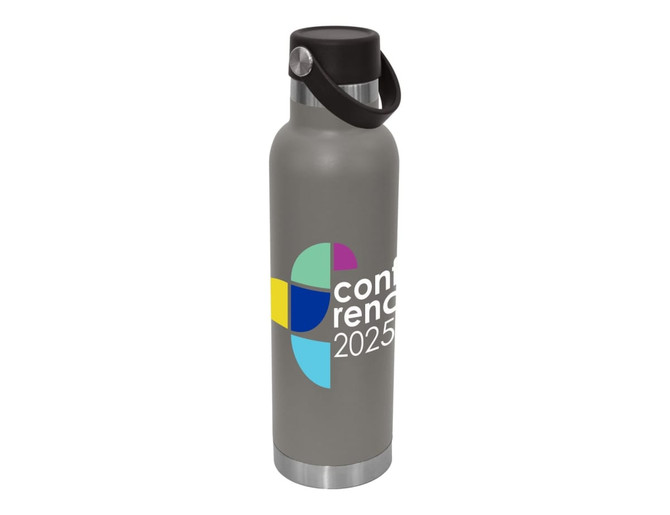 A drink bottle in a grey finish with a stainless steel base and a black carry lid, featuring branding on the side.