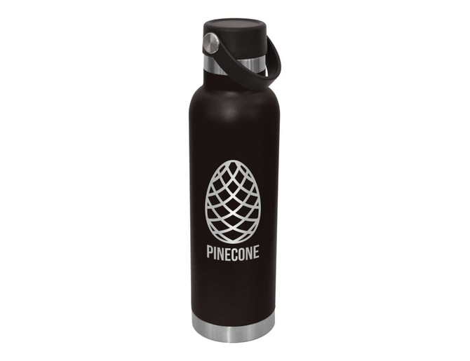 A drink bottle in black with a stainless steel base, featuring an embossed design and carrying lid.