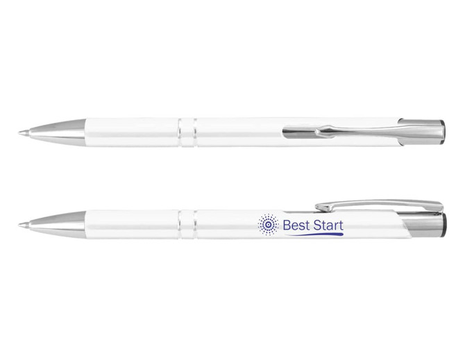 A white metal pen with a silver clip and trim, featuring a branding logo.