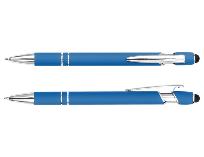 A blue stylus pen with chrome accents and a rubber tip for touchscreen use. Features a branding logo.