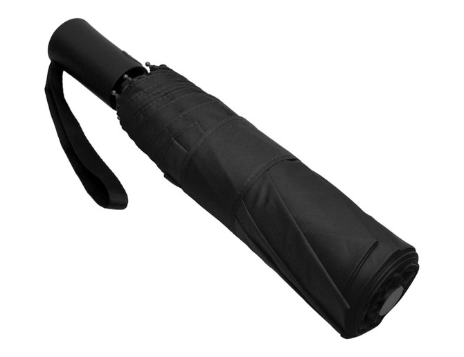 A black fold-up umbrella with a compact design, featuring a strap and a logo on the handle.