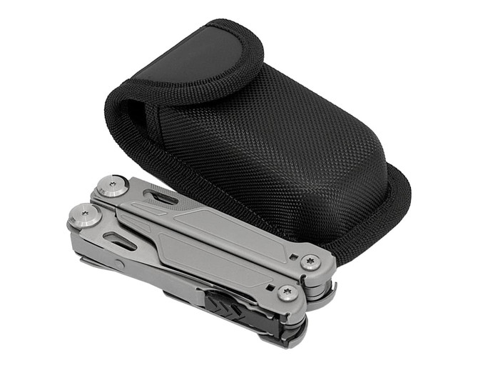 A silver multi tool with a black carrying case, featuring a textured surface and a flap closure.