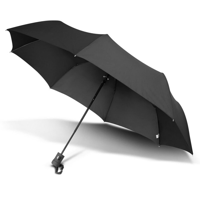 A black tri-fold umbrella with a sturdy handle and a minimalistic design, featuring a logo on the canopy.