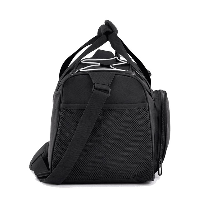 A black duffel bag with a mesh pocket and adjustable strap. It features a sturdy handle and a sleek design.