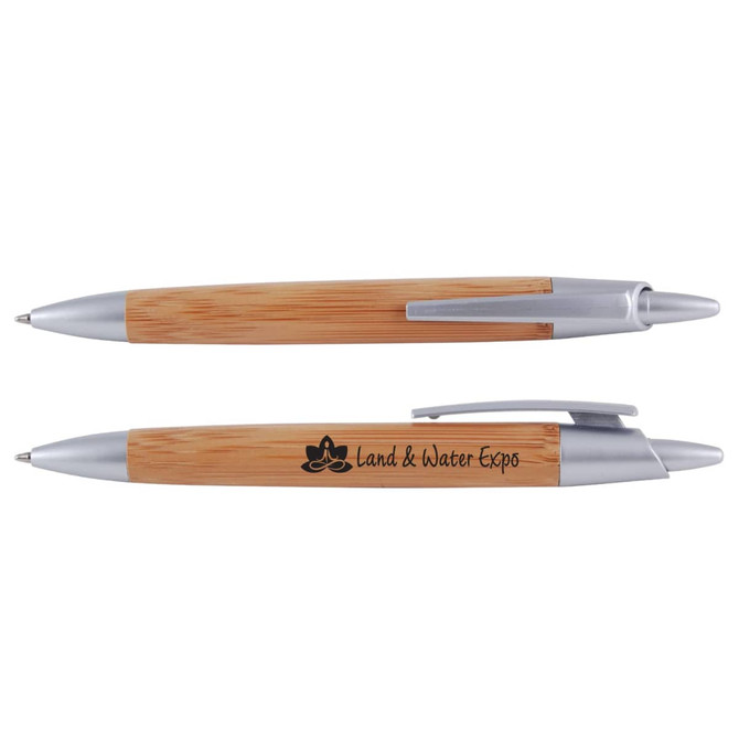 A bamboo pen with silver accents, featuring a branding logo on one side.