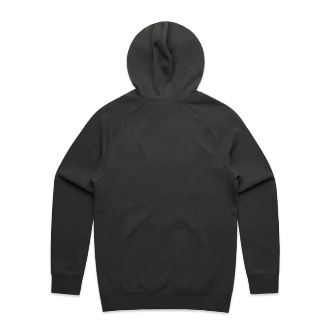 A dark grey hoodie with a hood and raglan sleeves, featuring a smooth back design. It has a logo.