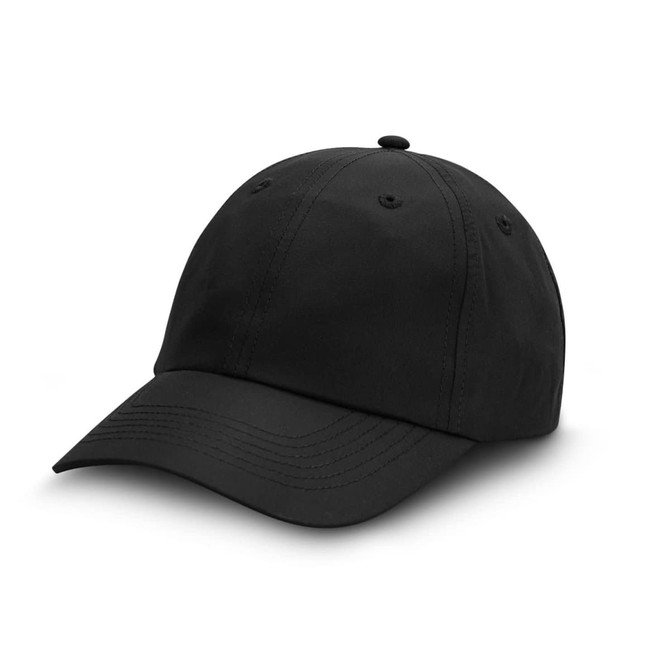 A black recycled cap with a curved brim and six-panel design, featuring a logo on the front.