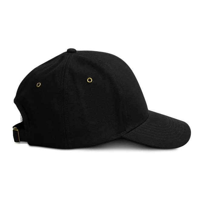 A black cap with a curved brim, featuring ventilation eyelets and an adjustable strap at the back.