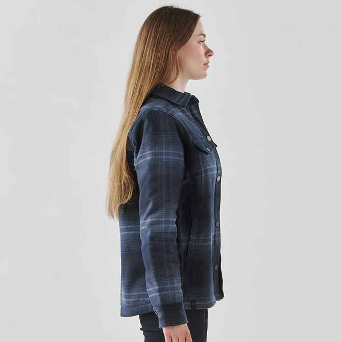 A side view of a women's plaid jacket in navy and grey, featuring a buttoned front and a branded logo.
