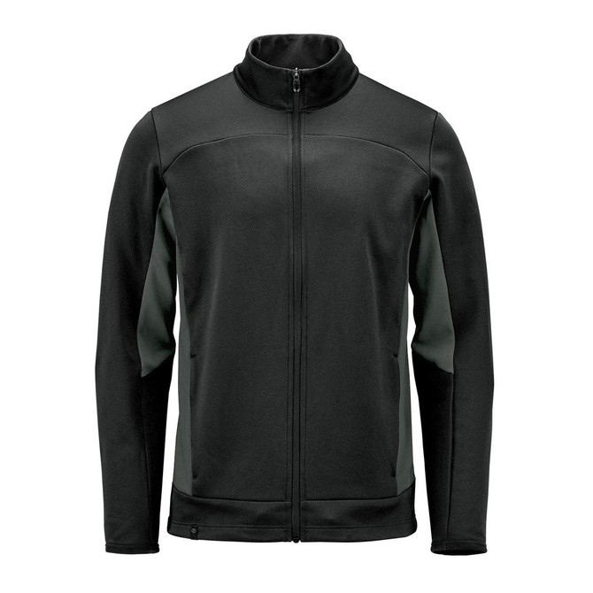 A black and dark grey men's knit jacket with a full zip and high collar, featuring logo branding.
