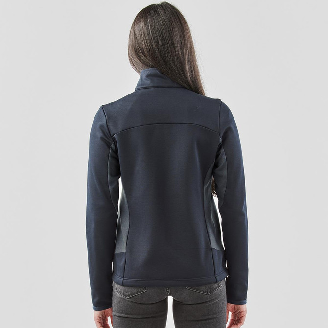 A women's Appaloosa knit jacket in navy, featuring a fitted design and a high collar, with a logo on the back.