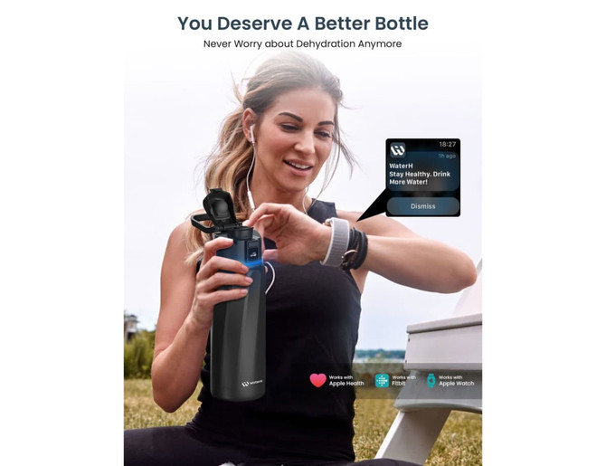 A drink bottle in dark grey with a digital display, featuring a flip-top lid and a logo.