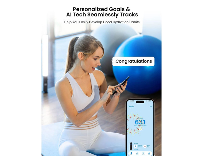 A drink bottle in light blue with a sleek design and a logo, alongside a smartphone displaying hydration tracking features.
