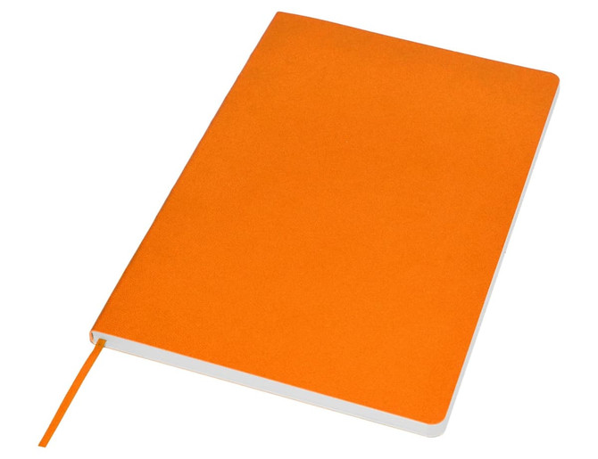 An orange A5 notebook with a textured cover and a ribbon bookmark, featuring a logo on the exterior.