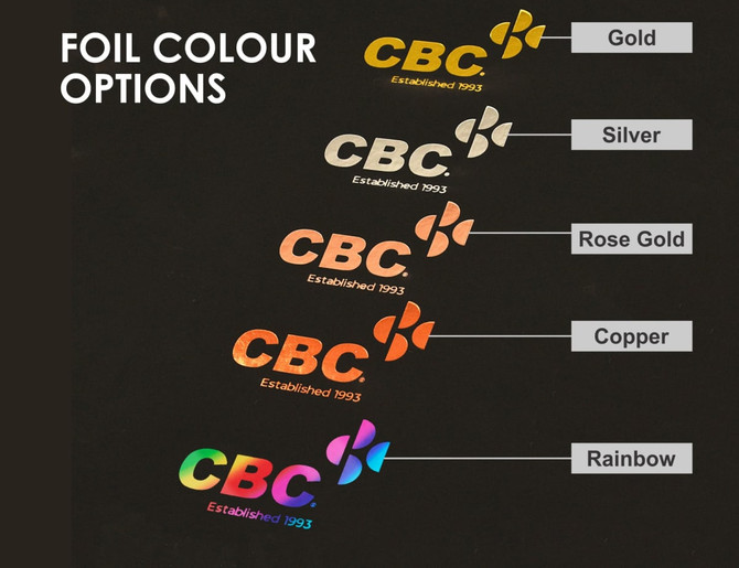 A display of foil colour options in gold, silver, rose gold, copper, and rainbow, with a logo present on each sample.