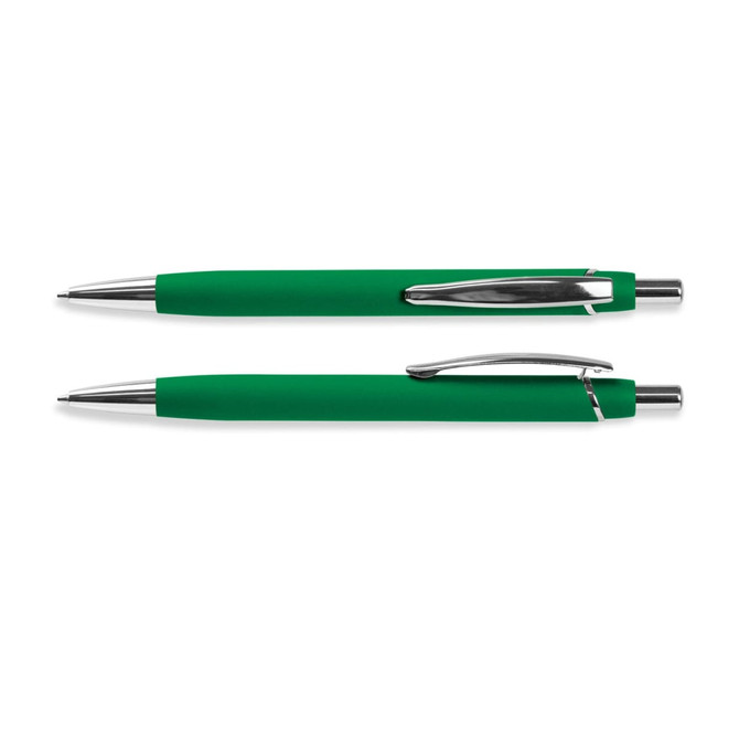 A green soft-touch pen with silver accents and a clip, featuring a smooth design and a glossy finish.