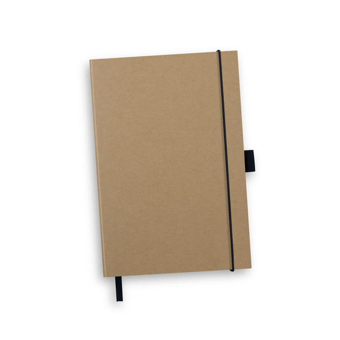 A kraft notebook with a black elastic closure and a ribbon bookmark. It features a logo on the cover.