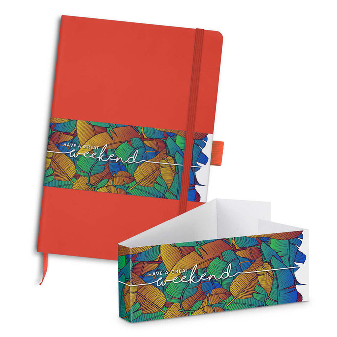 A vibrant orange notebook with a patterned band and a matching colourful pen holder. Includes colourful leaf designs.