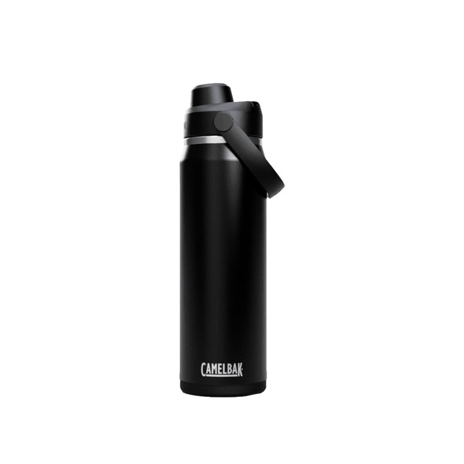 A drink bottle in matte black with a silver band and a handle, featuring a logo.