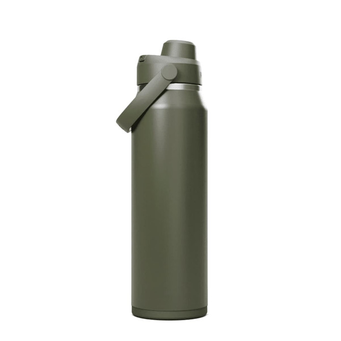 A drink bottle in olive green with a screw-top lid and a sturdy handle. It features a logo on the side.