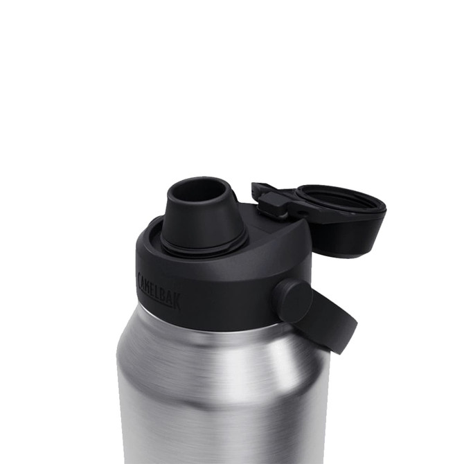 A drink bottle featuring a silver stainless steel body with a black lid and spout, complete with a branding logo.